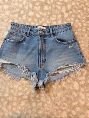 Zara Light Blue Distressed High-Waist Denim Shorts